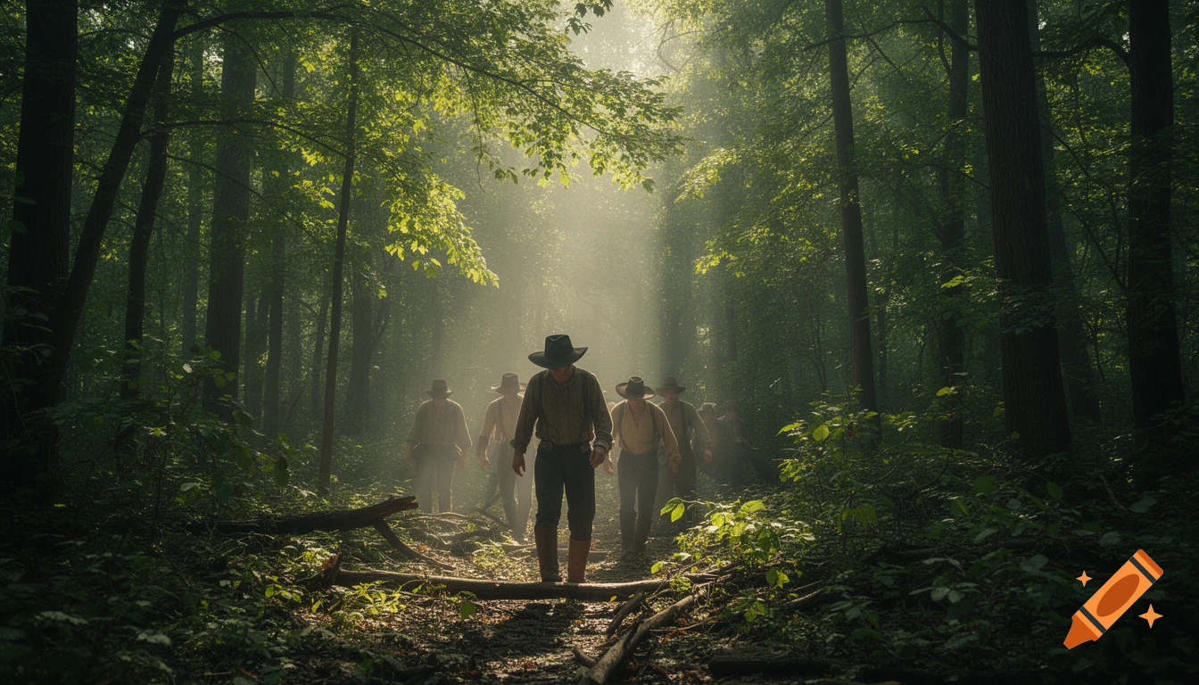 A group of men in old-fashioned clothing walk through a sunlit, misty forest path, casting long shadows.
