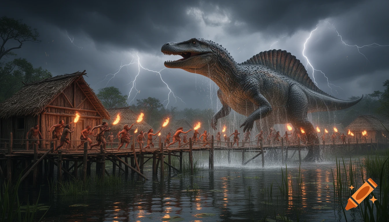 A giant Spinosaurus emerges from a swamp as prehistoric humans with torches flee their stilt village under a stormy, lightning-filled sky.