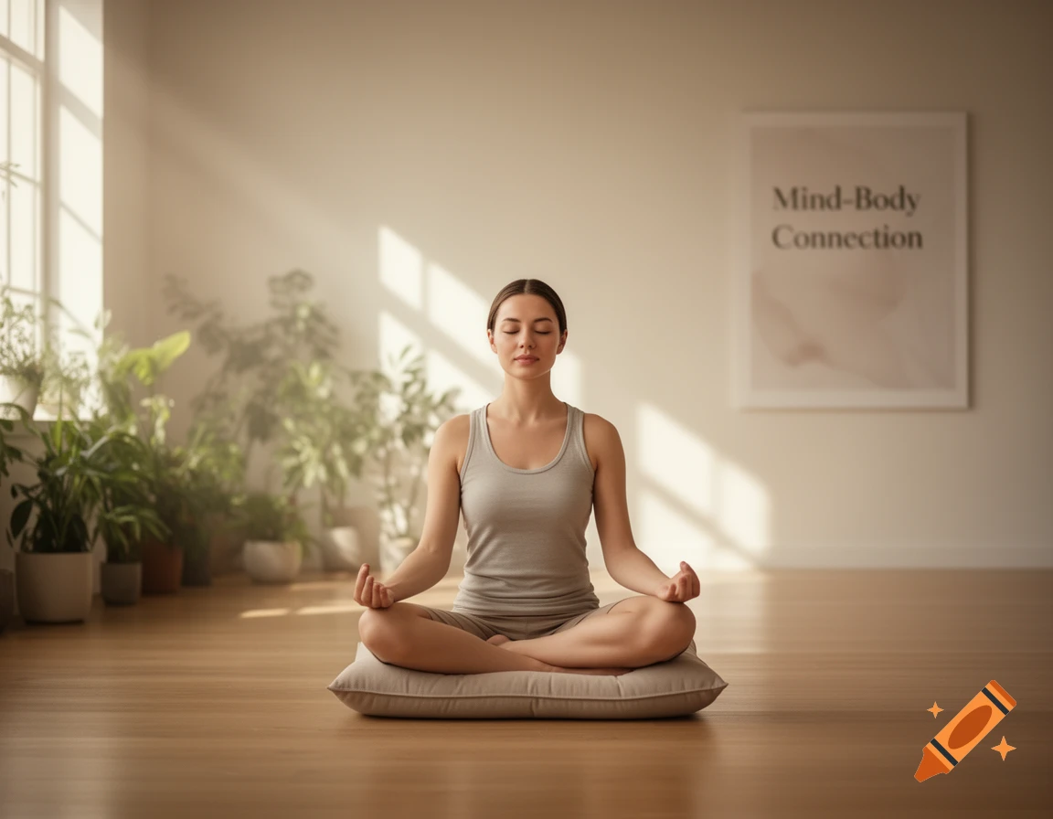 Woman meditating in lotus position on a cushion in a sunlit room with plants and a 'Mind-Body Connection' poster. Photorealistic.