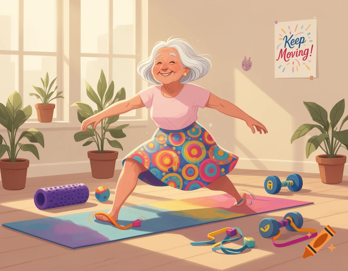 Cheerful cartoon of an elderly woman doing a yoga pose on a mat in a sunny room with exercise equipment. A poster reads 'Keep Moving!'.