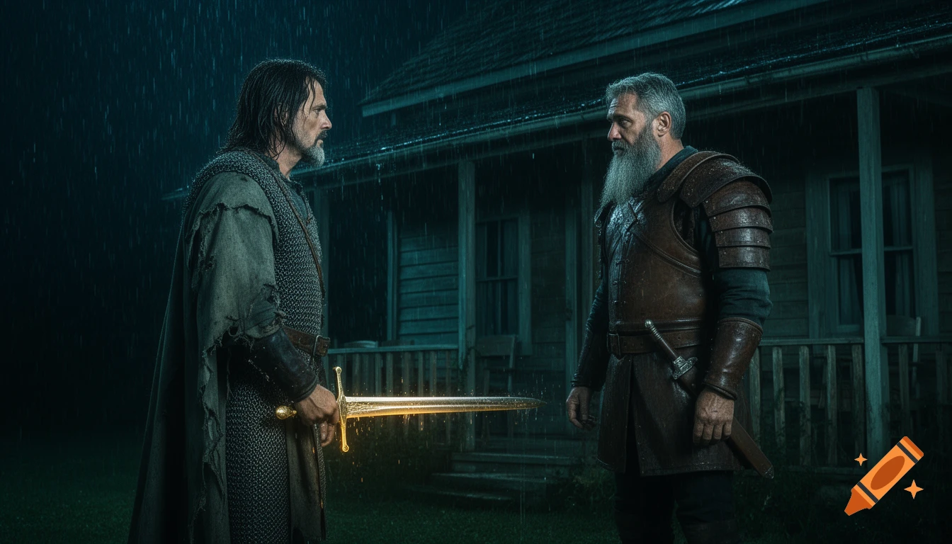 Two men in medieval attire stand in pouring rain at night, one holding a glowing golden sword, facing the other man in front of a rustic house.