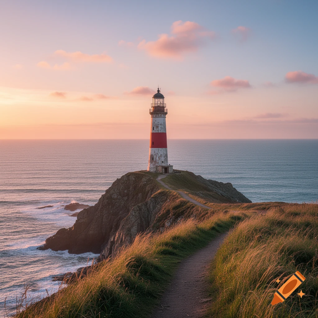 Photorealistic image of a red and white lighthouse on a grassy cliff overlooking a calm sea at sunset, with a winding path.