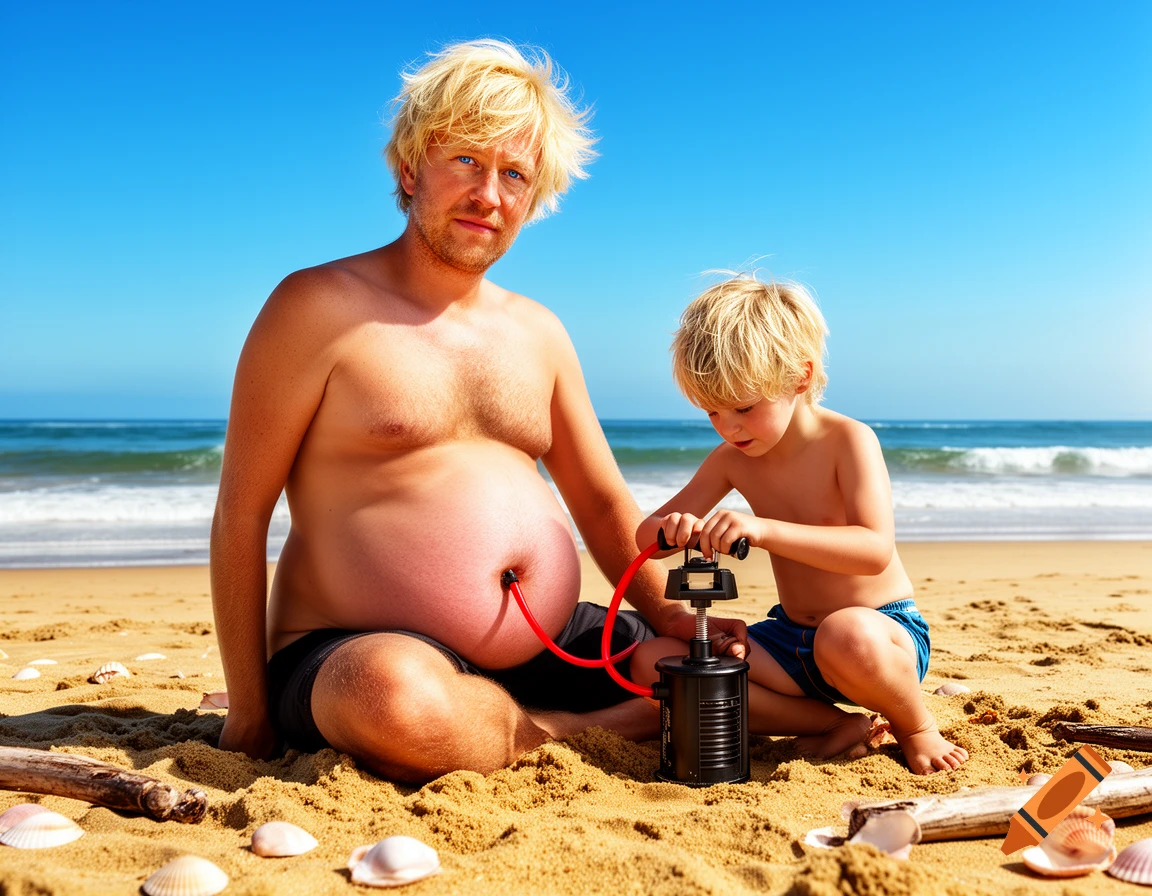 A blonde man with an inflated belly sits on a sunny beach, while a young boy pumps a hose connected to his navel, photorealistic.