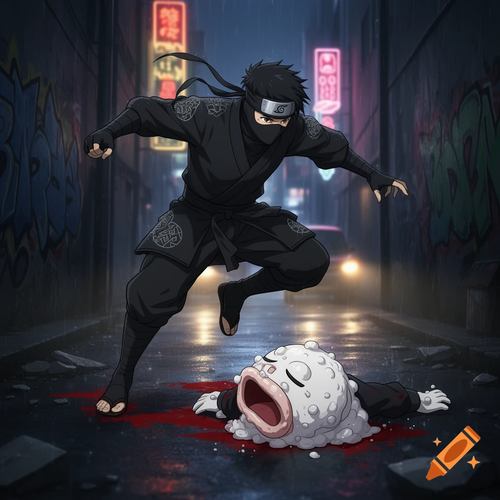 Anime ninja stands over a defeated, blob-like character in a bloody, rainy alley at night.