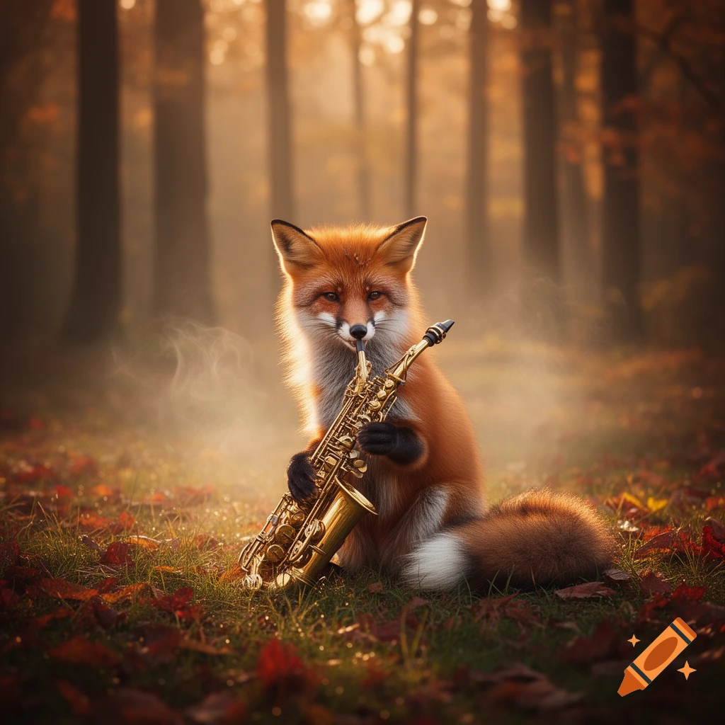 A photorealistic fox plays a tenor saxophone in an autumn forest with fallen leaves.