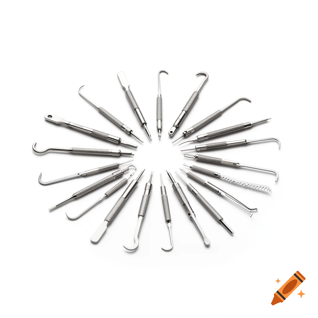 A scattered fan of shiny metallic lock picking tools including hooks, rakes, and tension wrenches, arranged on a white background.