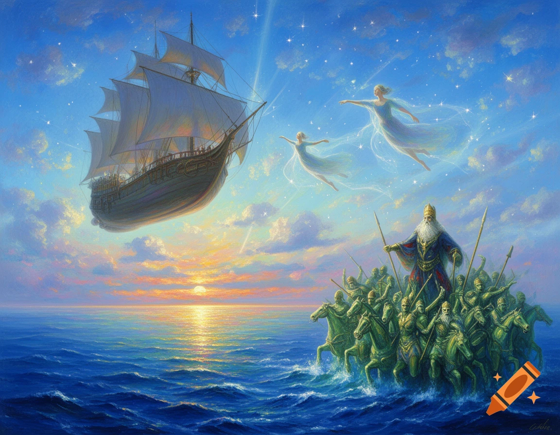Vivid painting of a flying ship, two ethereal women in the starry sky, and a wizard-like man leading an army on horses emerging from a blue sea at sunset.