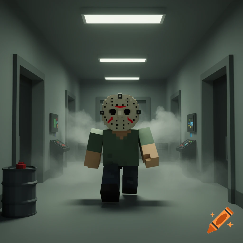 A pixelated Jason Voorhees character in Roblox style walks through a smoky, grey hallway with control panels on the walls.