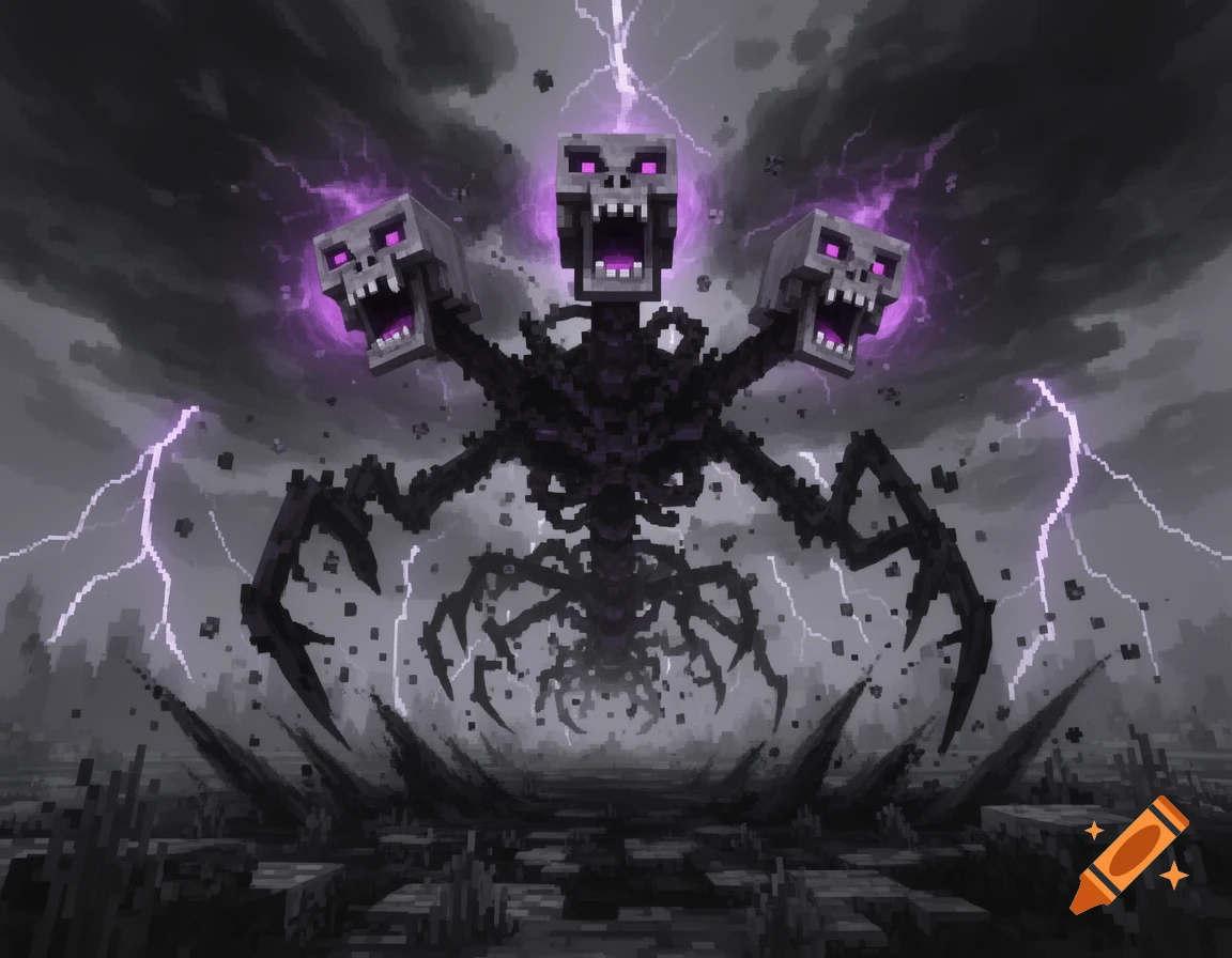 A pixel art Minecraft Witherstorm with three skull heads and glowing purple eyes roars under a stormy, lightning-filled sky.