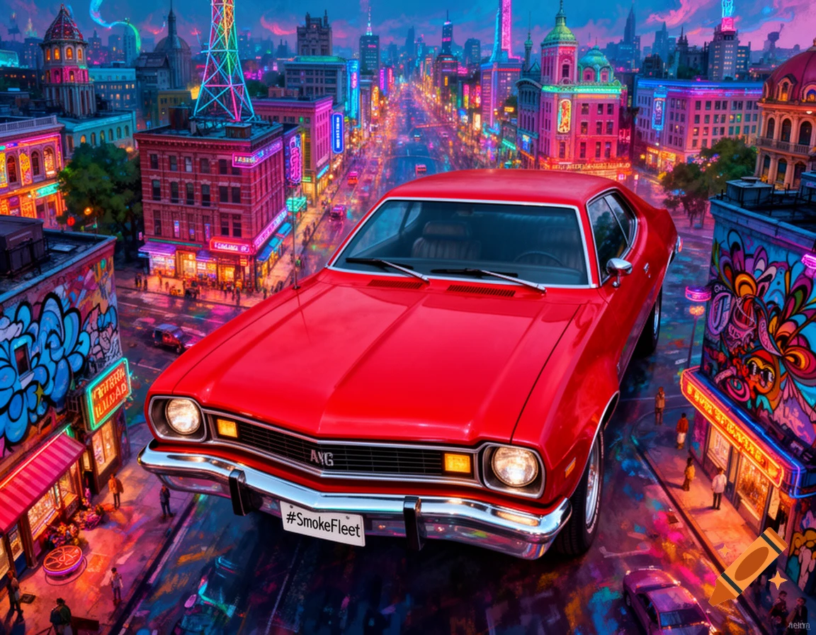 A bright red 1975 AMC Matador with a '#SmokeFleet' license plate, set against a vibrant, neon-lit fantasy city at dusk.