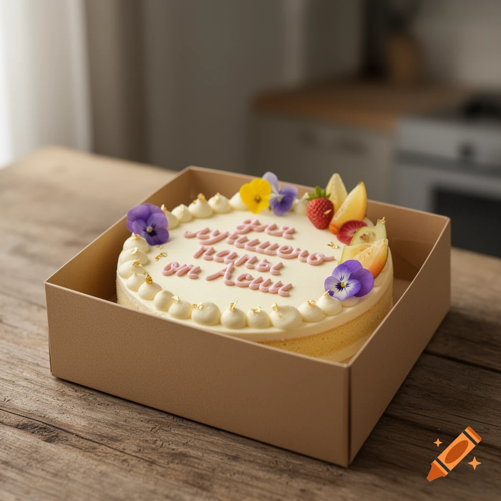 A photorealistic bento cake in a cardboard box, decorated with white frosting, edible flowers, fruit slices, and a pink inscription.