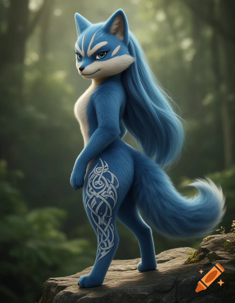 A blue anthropomorphic fox with long blue hair and a tribal tattoo on her leg stands on a rock in a detailed 3D forest.