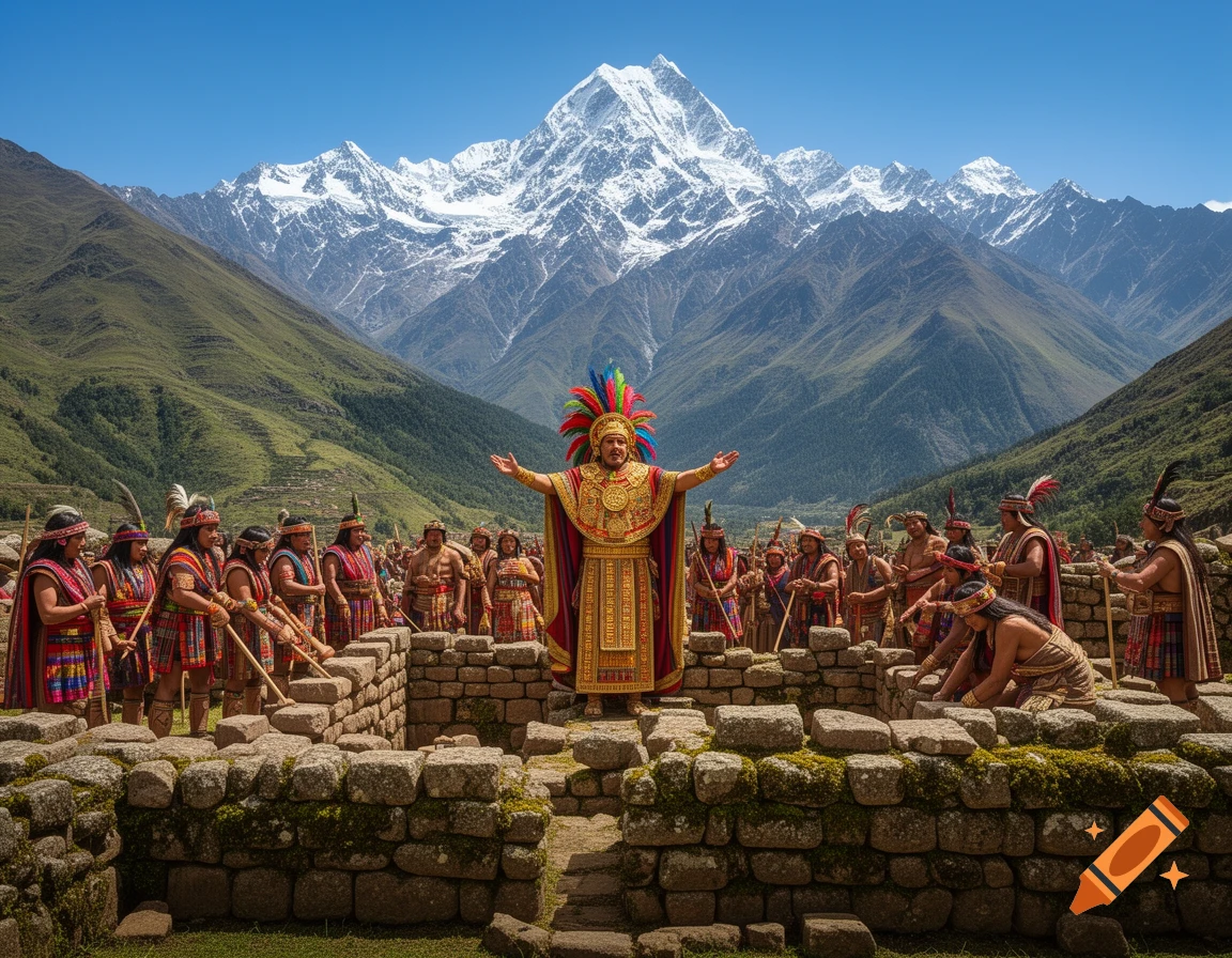 A regal Inca figure in colorful attire with outstretched arms stands among people on stone ruins, against a backdrop of towering snow-capped mountains.