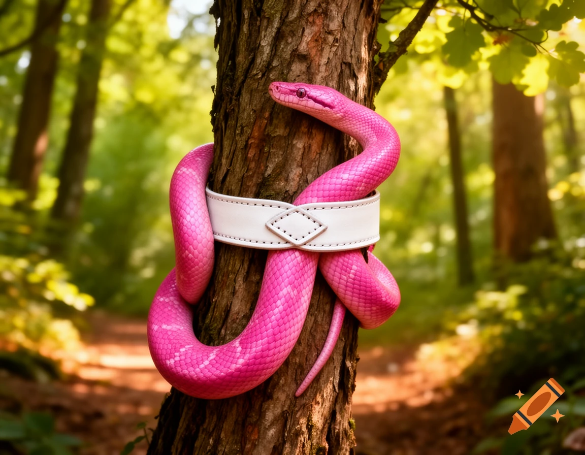 A vibrant pink boa constrictor with a white collar curled around a tree in a sunny, verdant forest.