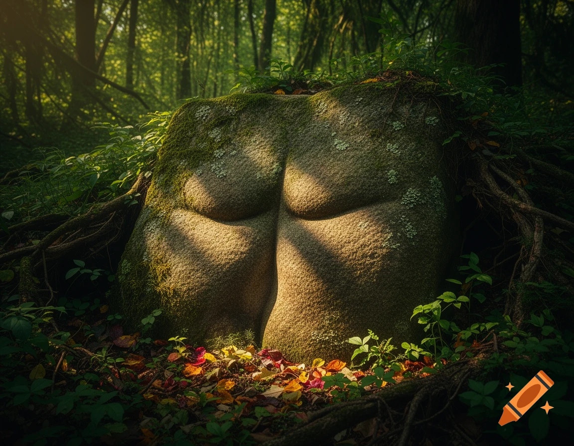 A moss-covered rock slab in a sunlit forest resembles human buttocks, surrounded by roots and fallen leaves.