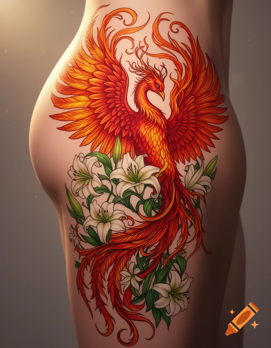 A colorful phoenix and white lily tattoo on a person's thigh and buttock.