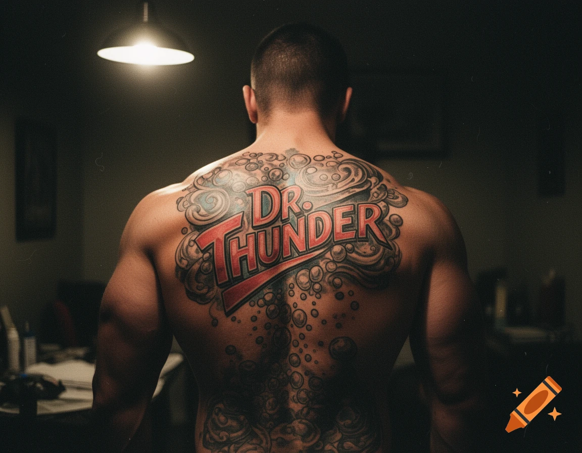 Photorealistic grainy image of a muscular man from behind, showcasing a large 'DR. THUNDER' tattoo across his entire back.