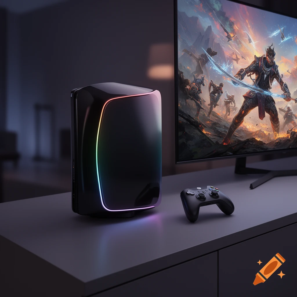A sleek black gaming PC with RGB lighting next to a monitor displaying a fantasy game and a black controller.