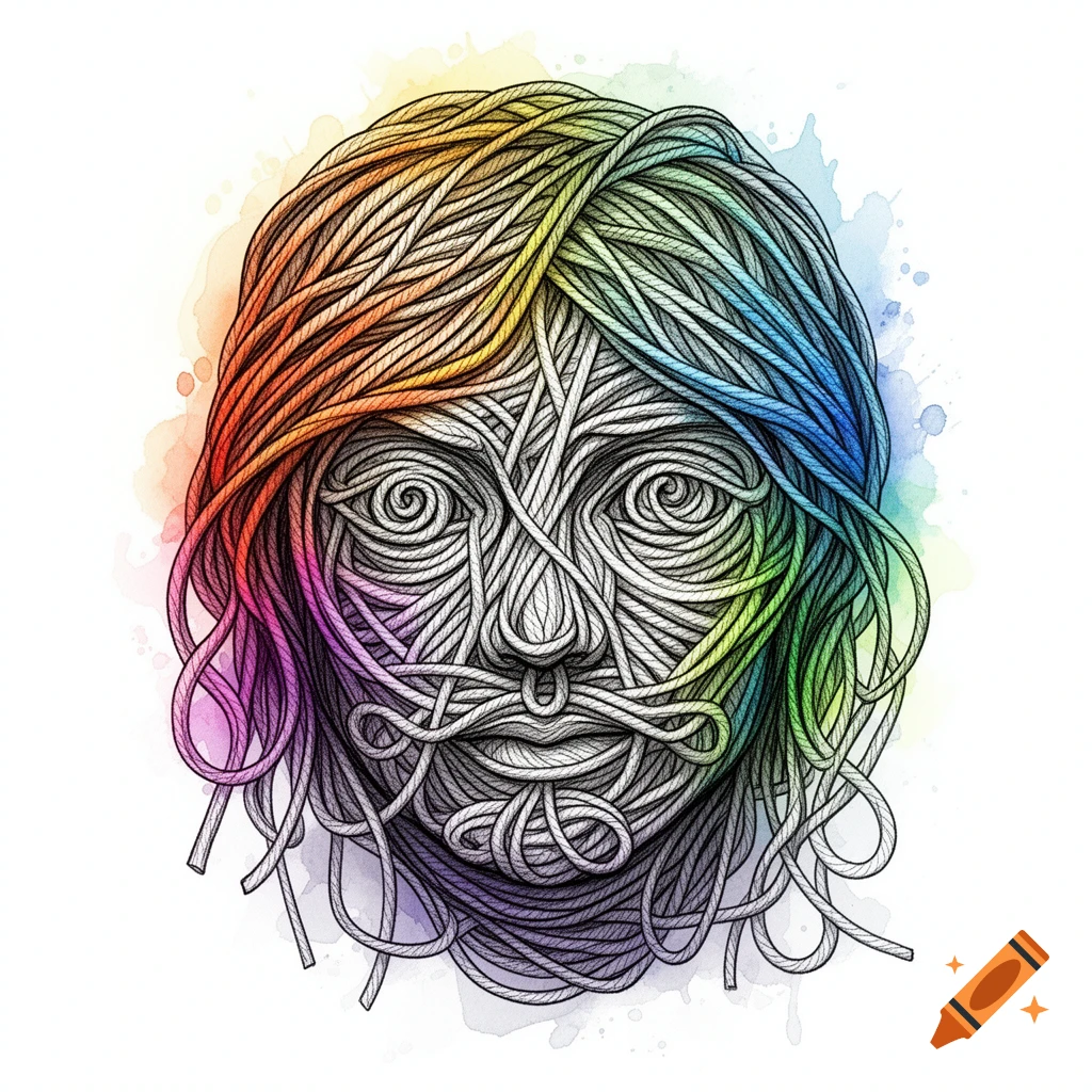 Stylized face made of entangled white yarn, with rainbow yarn hair and watercolor splashes.