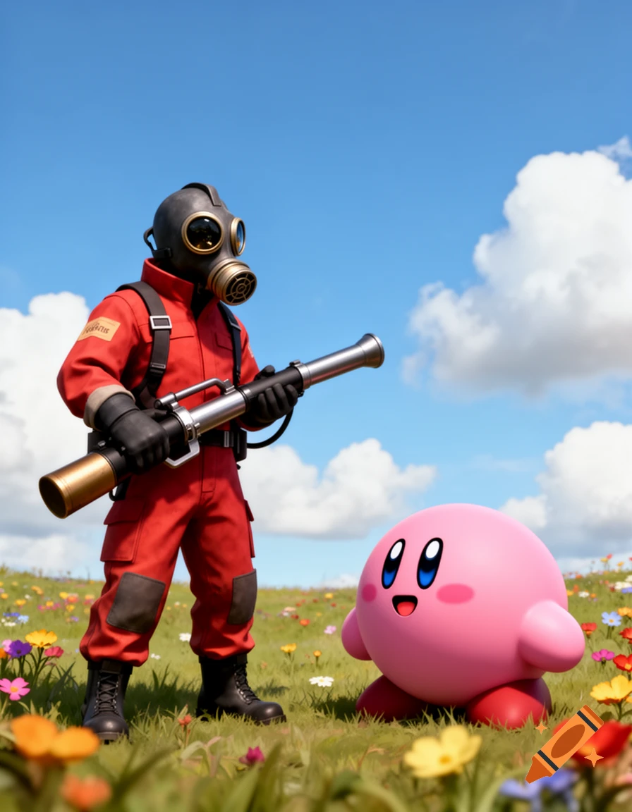 The Pyro from Team Fortress 2 stands in a vibrant flower field, holding a flamethrower, next to a smiling Kirby.