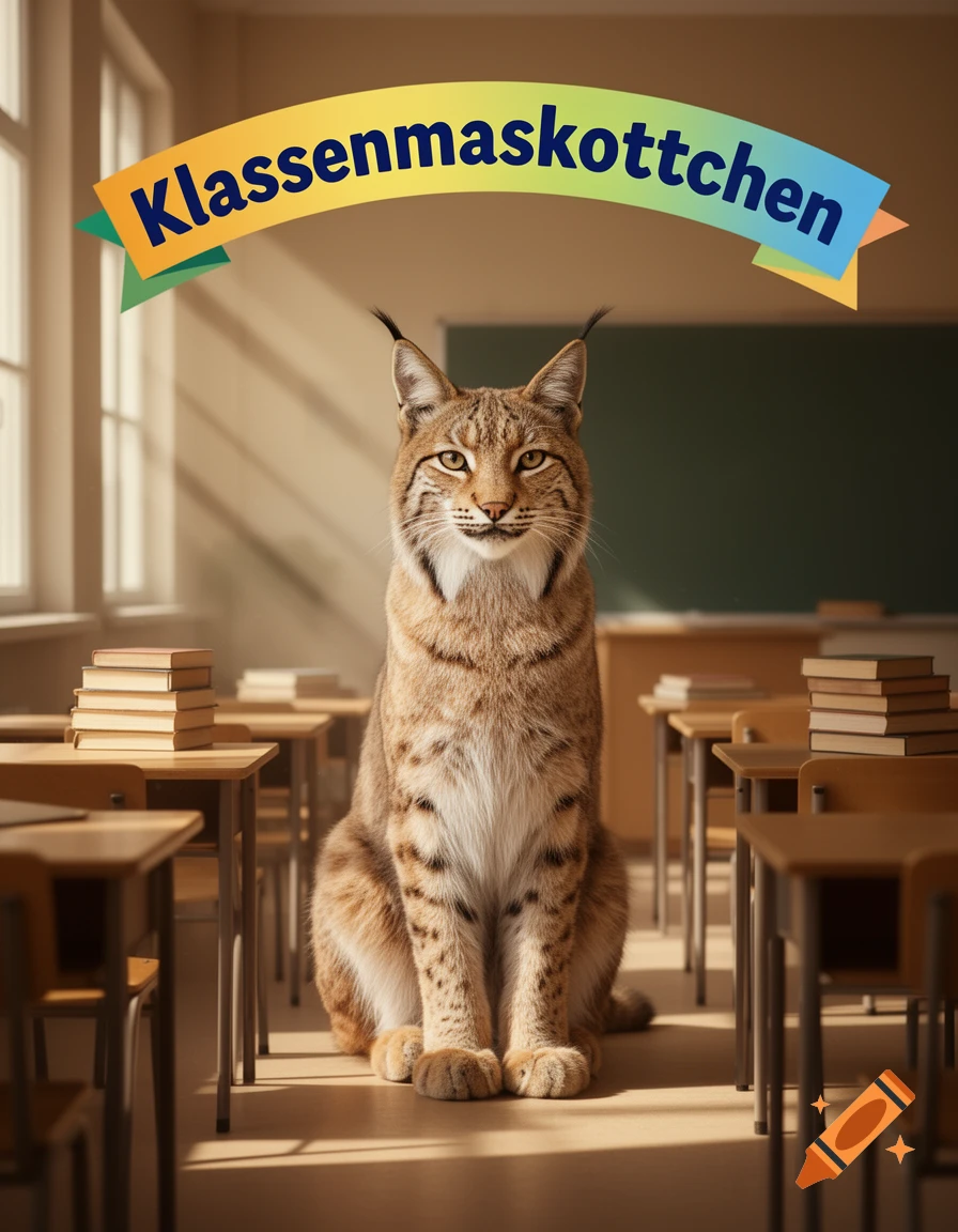 A photorealistic lynx sits in the middle of a sunlit classroom, with a banner above its head reading 'Klassenmaskottchen'.