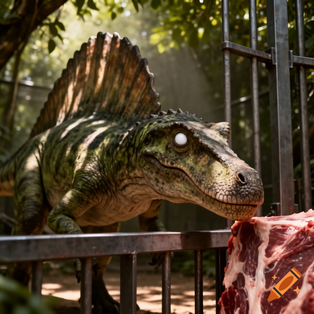 A photorealistic Spinosaurus with a white eye sniffs a large chunk of raw meat through the bars of an enclosure in a jungle.