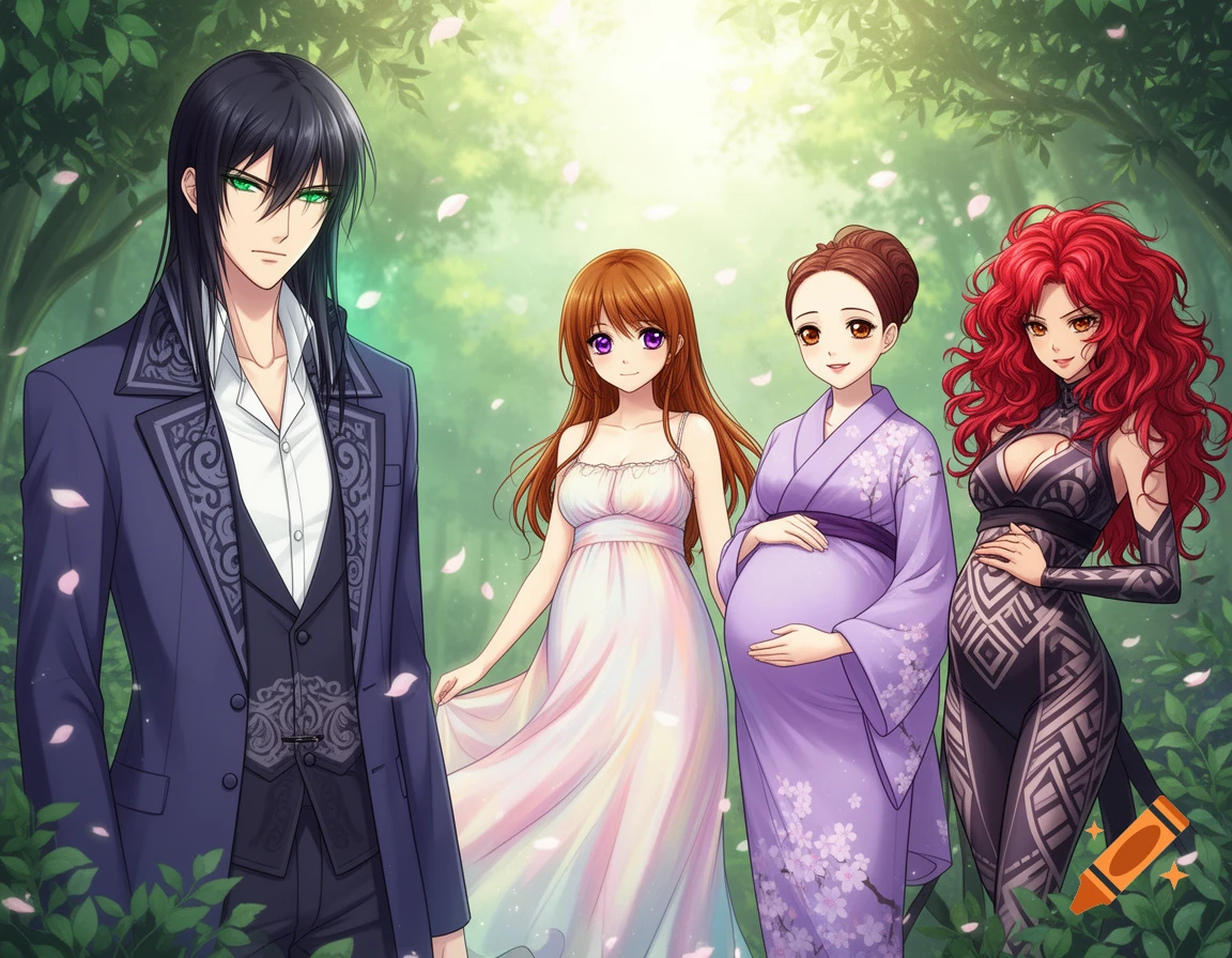 Anime illustration of a man and three women, two visibly pregnant, standing in a forest with falling petals.
