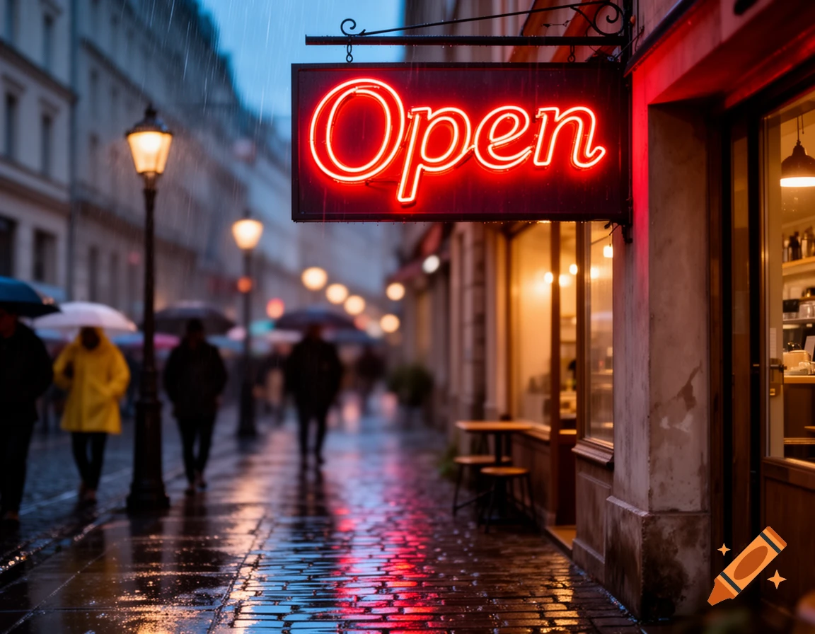 A photorealistic image of a neon red "Open" sign glowing above a shop entrance on a rainy city street at dusk, with blurred figures carrying umbrellas walking on the wet pavement.