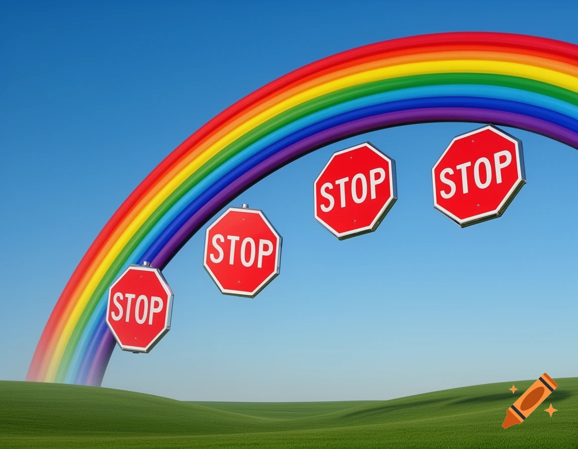 Four red stop signs hang from a vibrant rainbow arching over a green field under a clear blue sky, in a surreal landscape.