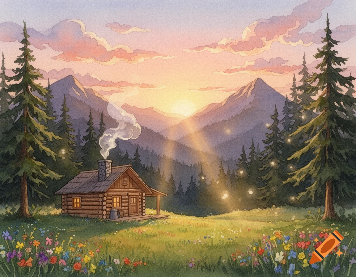 Watercolor painting of a cozy mountain cabin with smoke from the chimney, surrounded by pine trees and wildflowers at sunrise.