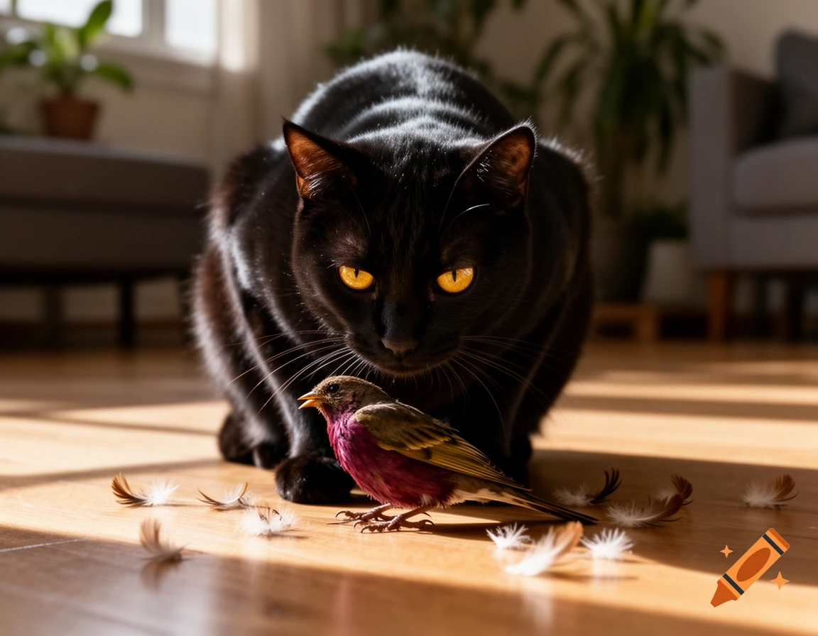 A black cat with glowing yellow eyes stares intently at a small finch on a wooden floor, surrounded by white feathers, in a sunlit room.
