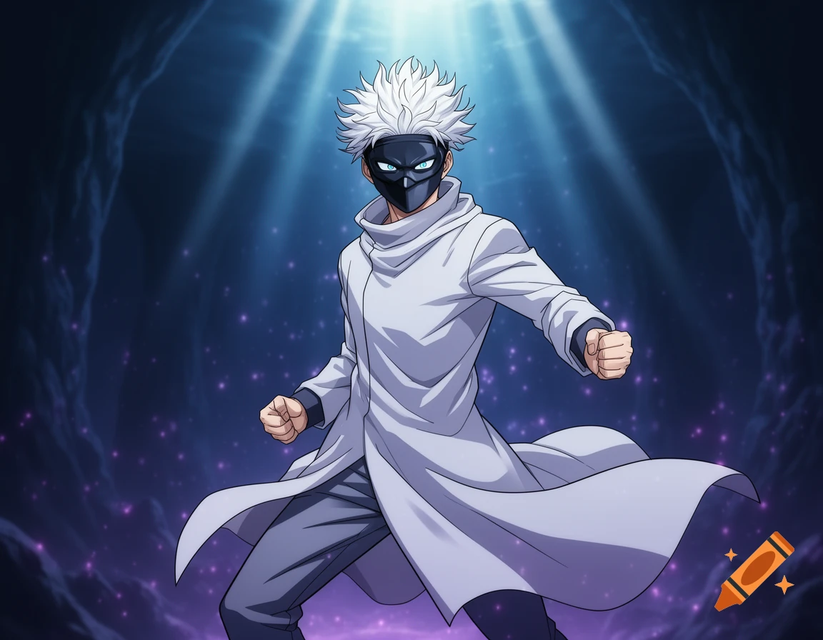 Anime-style male character with spiky white hair, black mask, and white coat in a dark cave with glowing lights.