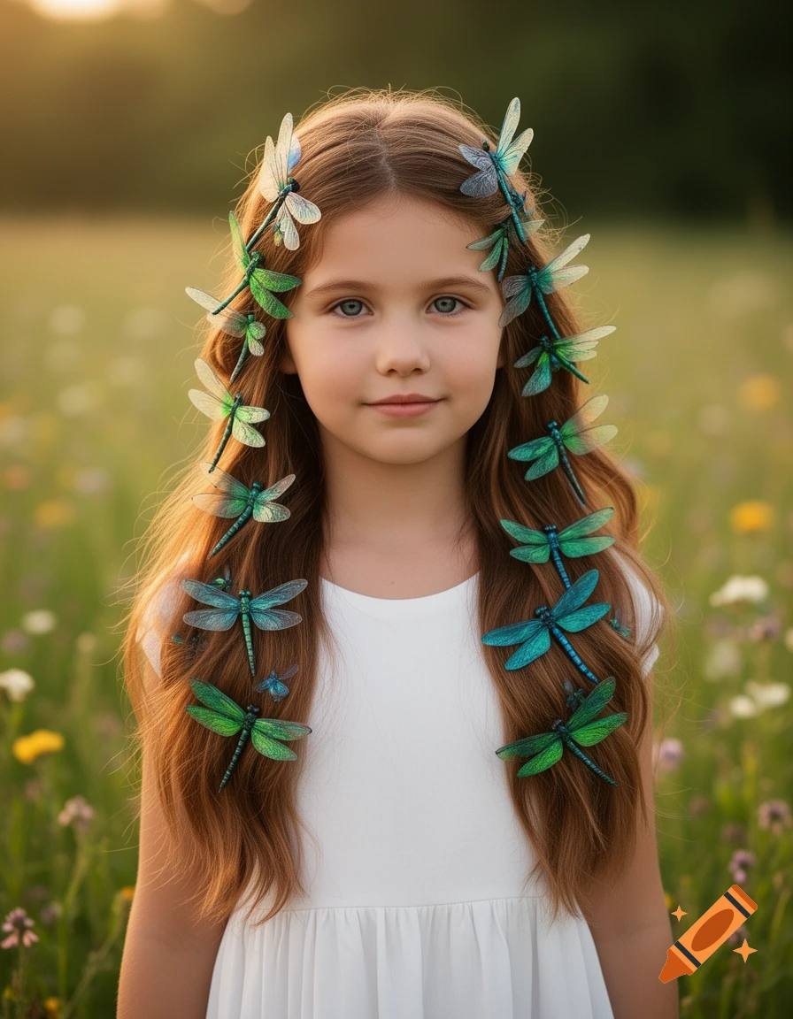 A young girl with long brown hair and blue eyes stands in a sunny field, her hair adorned with green and blue dragonfly clips.