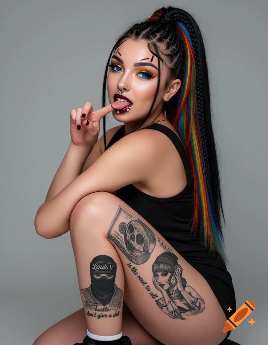 A woman with braids, rainbow highlights, blue eyes, and facial piercings kneels, sticking out her tongue. She has several tattoos on her legs.