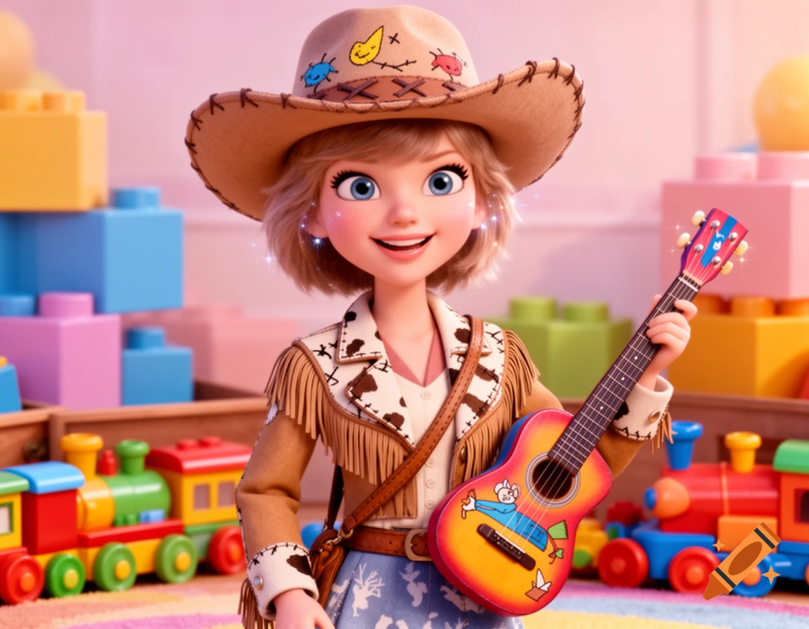 A smiling cartoon cowgirl doll with a hat and fringed jacket holds a colorful toy guitar, surrounded by building blocks and toy trains.