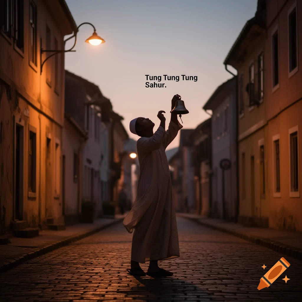 A person in a traditional outfit ringing a bell on a cobblestone street at dusk, with text 'Tung Tung Tung Sahur'.