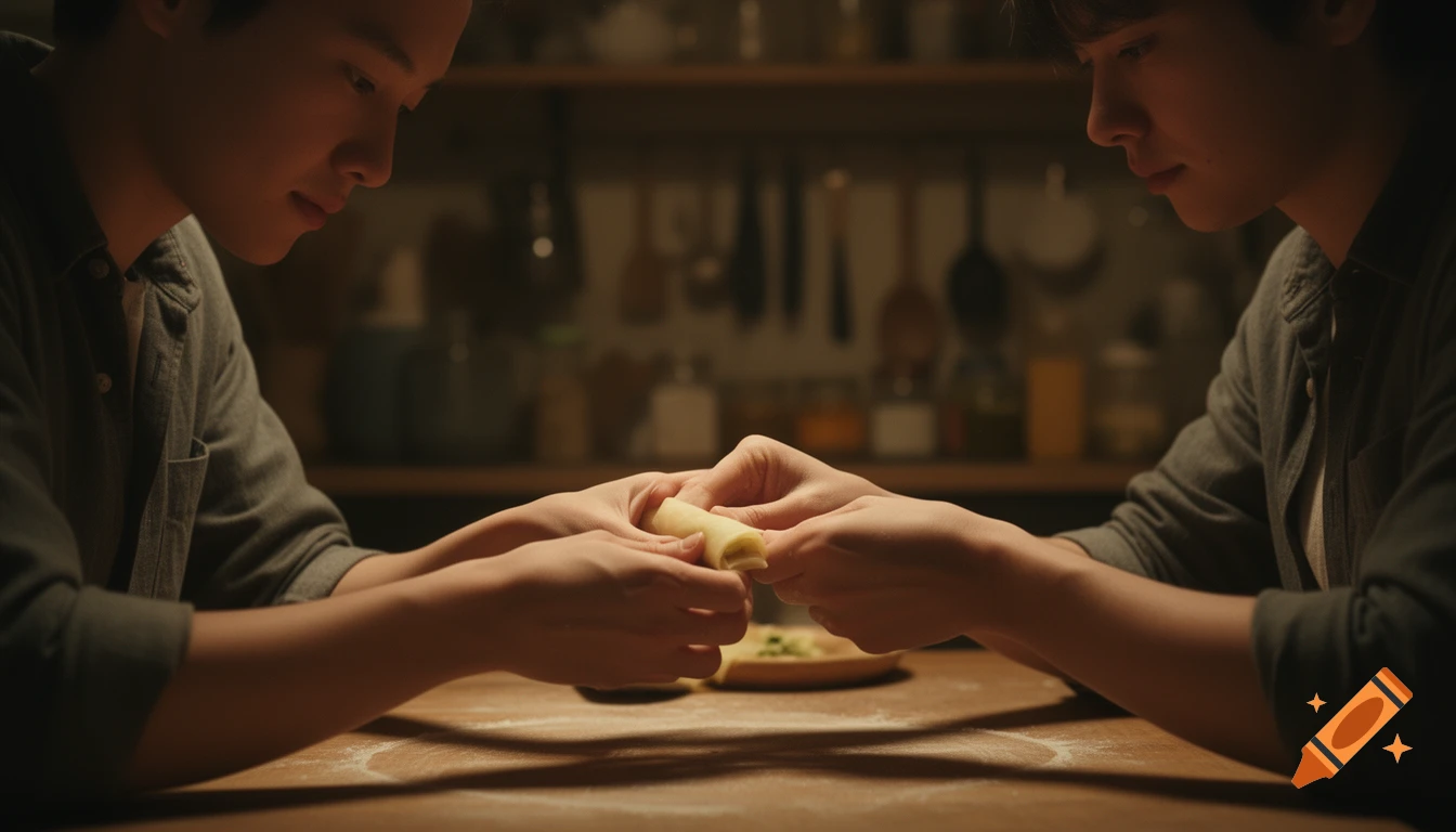 Two individuals in a dimly lit kitchen are intimately rolling an egg roll together, hands intertwined.