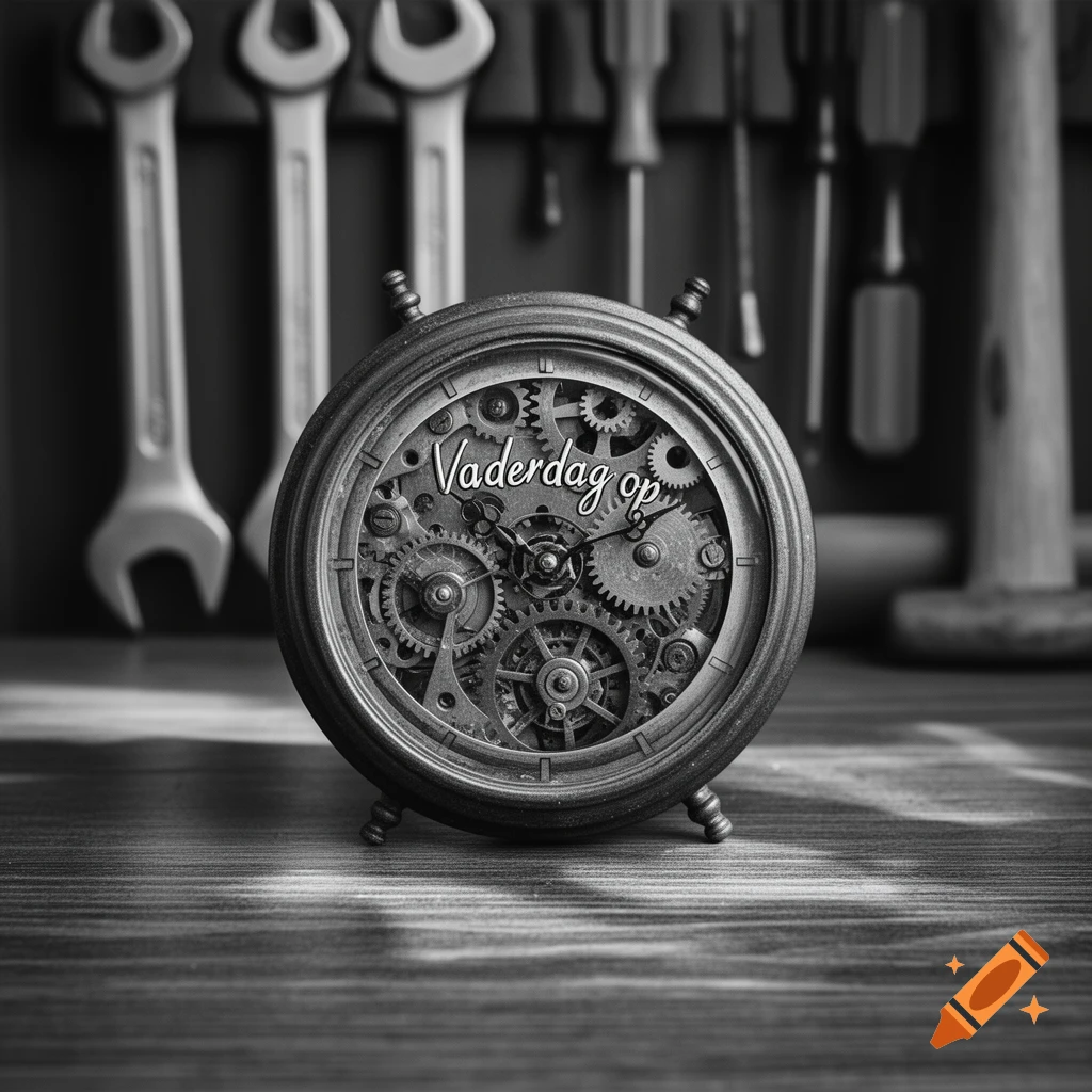 A black and white close-up of an antique mechanical clock with exposed gears, featuring "Vaderdag op" text, set against a blurred background of hanging tools.