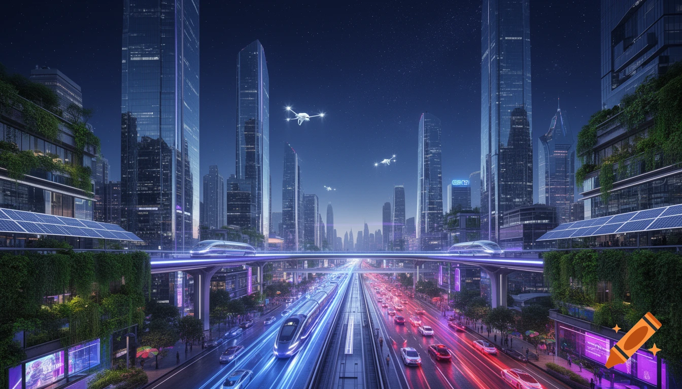 A futuristic city at night featuring towering skyscrapers, elevated bullet trains, flying drones, and glowing multi-lane roads with cars.