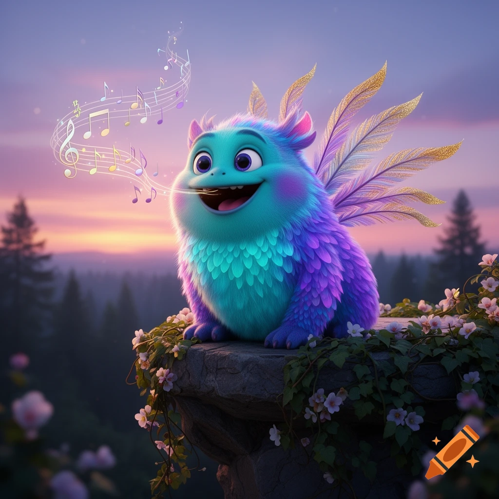 A cute, fluffy blue and purple monster with wings sits on a rock, singing musical notes into a vibrant sunset landscape.