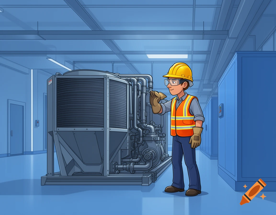 Cartoon HVAC technician in a hard hat and safety vest, inspecting a large commercial air handling unit in a blue mechanical room.