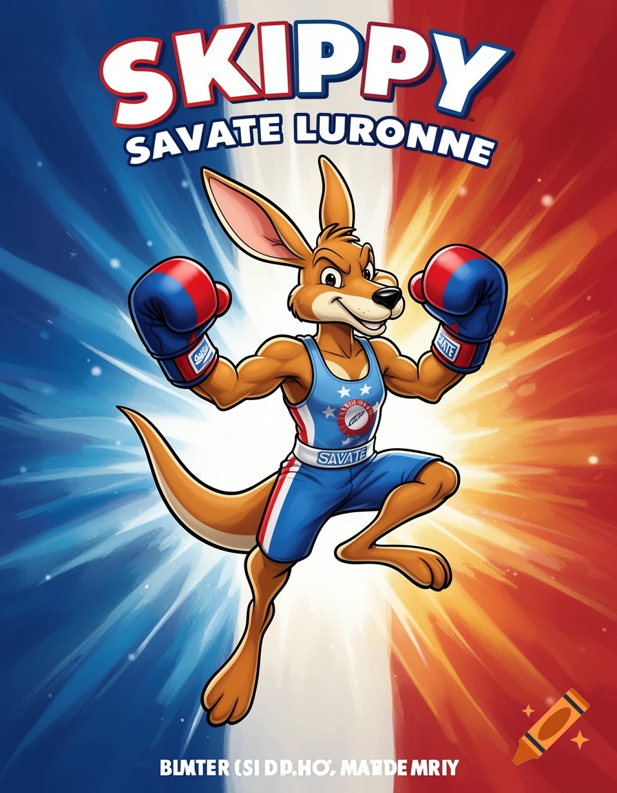 A muscular cartoon kangaroo wearing blue and red boxing gloves and a red, white, and blue savate boxing uniform, striking a dynamic pose against a red, white, and blue radial background. The text "SKIPPY SAVATE LURONNE" is at the top.