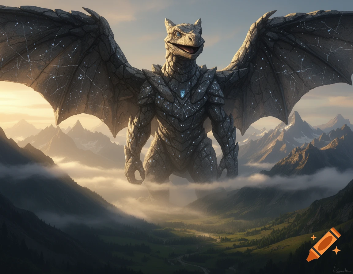 A massive, smiling rock creature with large wings stands above a misty, forested mountain valley at dawn.
