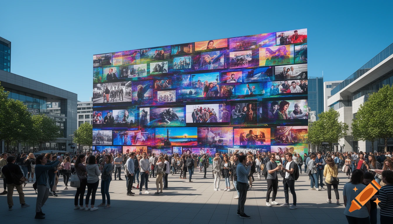 A large outdoor digital wall displays a collage of colorful video clips in a city square, surrounded by a crowd of people looking at it and walking.