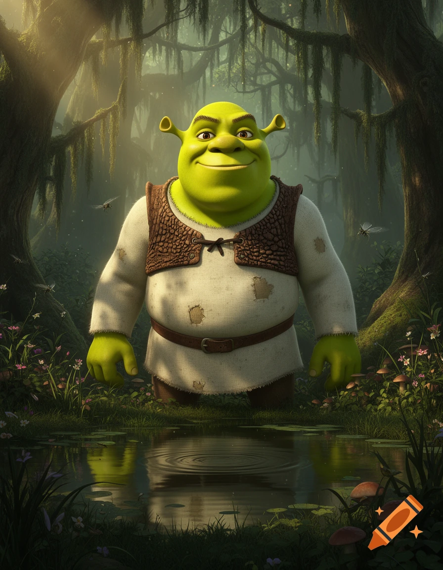 Shrek, the green ogre, stands smiling in a vibrant, misty swamp with a pond, trees, and small plants.