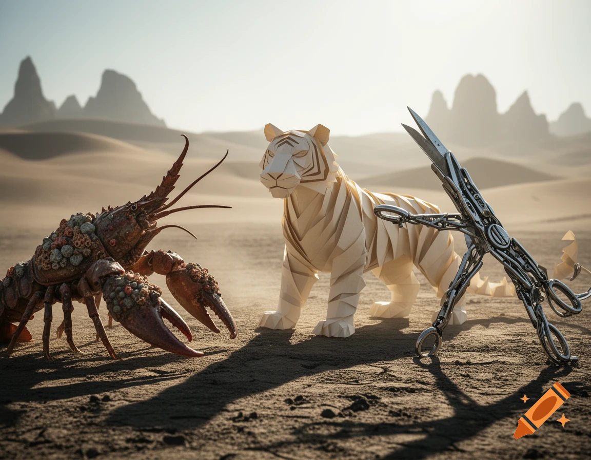 A photorealistic rock-covered lobster, an origami paper tiger, and metallic scissors stand in a desert landscape.