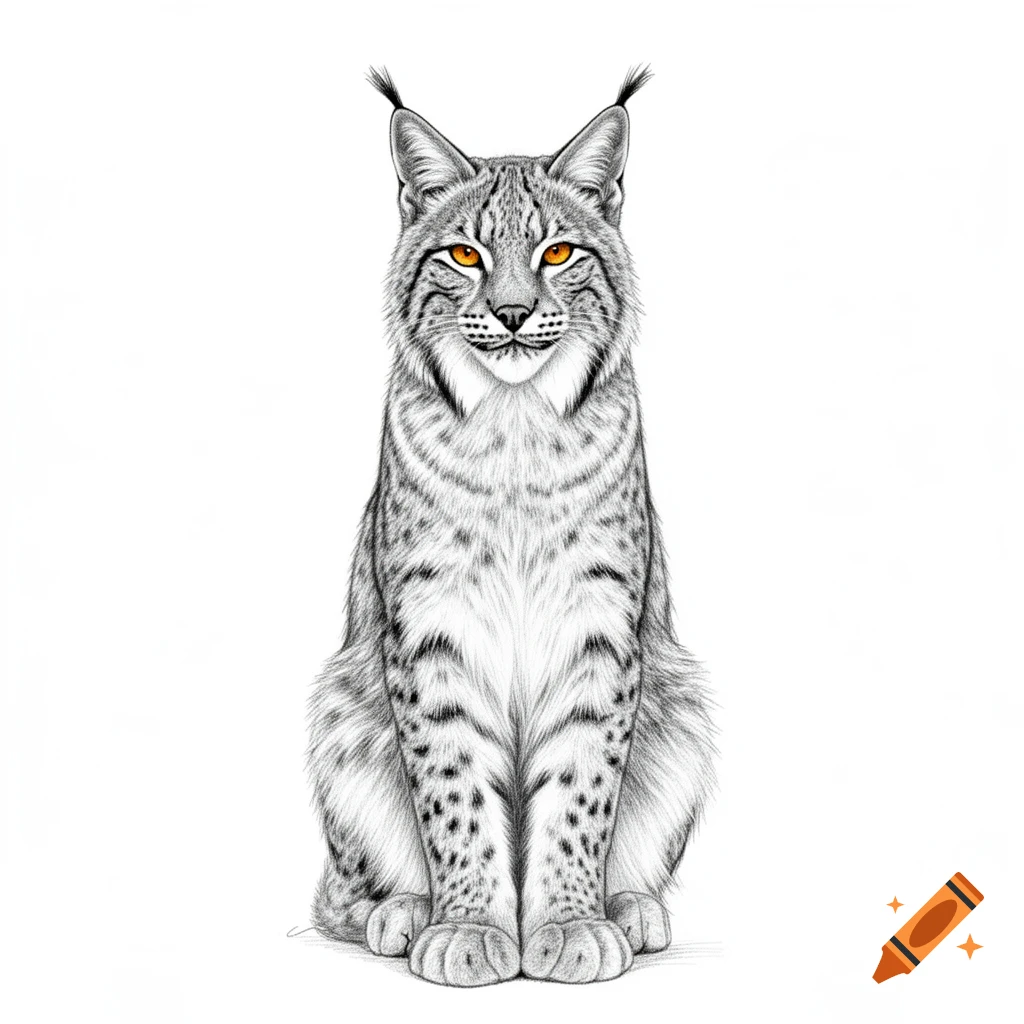 A detailed black and white pencil drawing of a lynx with bright orange eyes, sitting upright on a white background.