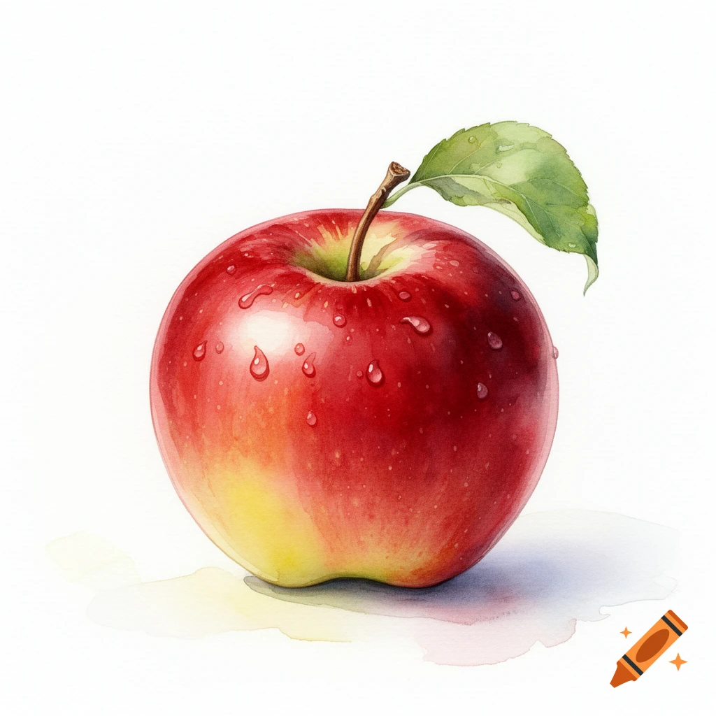 Watercolor painting of a red and yellow apple with a green leaf and water droplets on a white background.