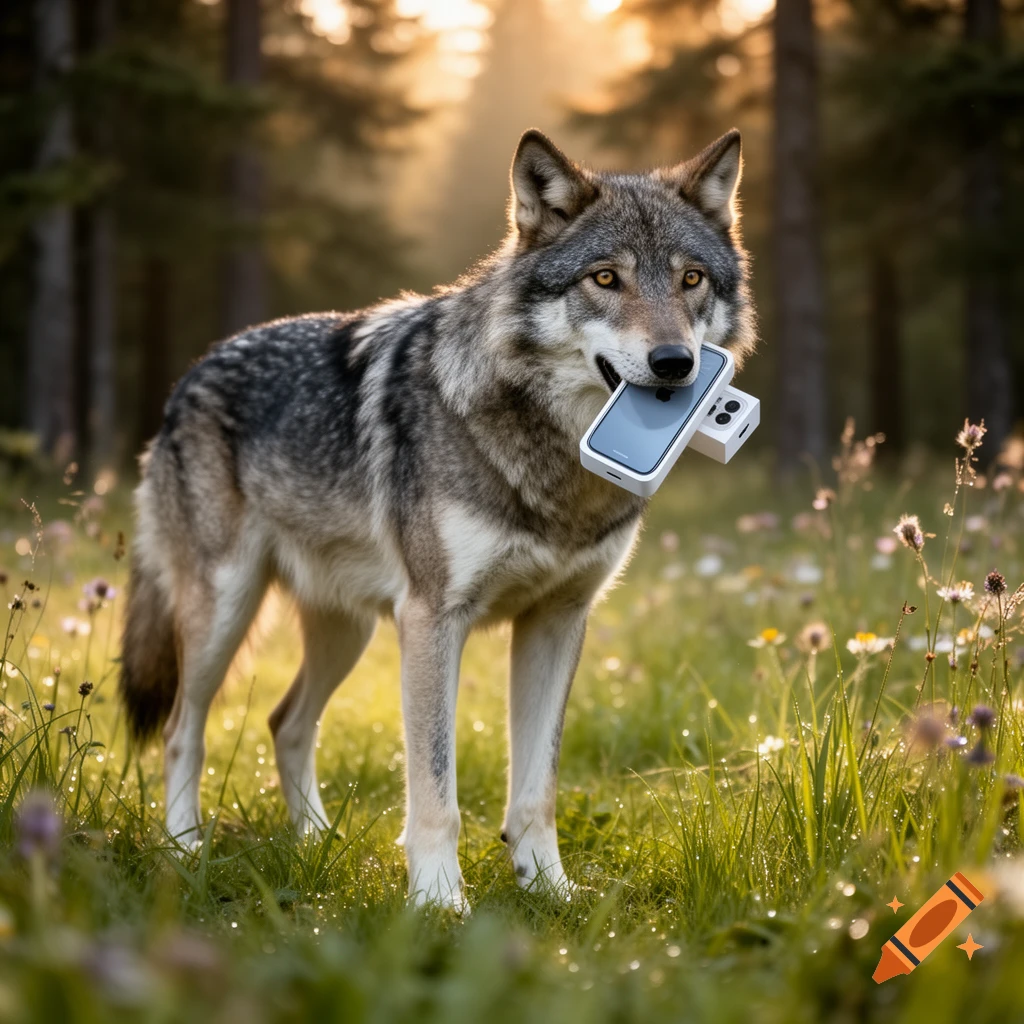 A photorealistic wolf stands in a sunlit forest, holding a white smartphone in its mouth.