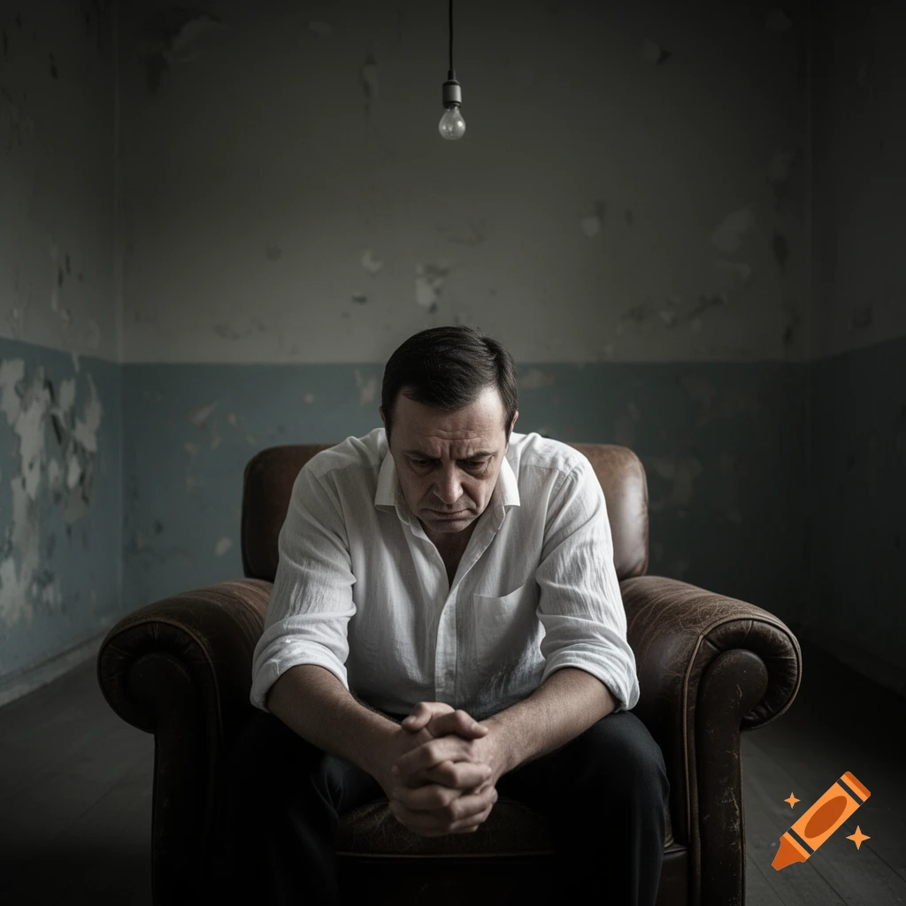 A sad man sits in a worn armchair in a dimly lit, dilapidated room, head bowed and hands clasped, under a single lightbulb.